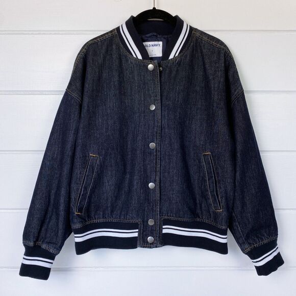 90s Oversized Denim Jean Bomber Jacket S 80s Retro Varsity Baseball Letterman - Picture 12 of 13